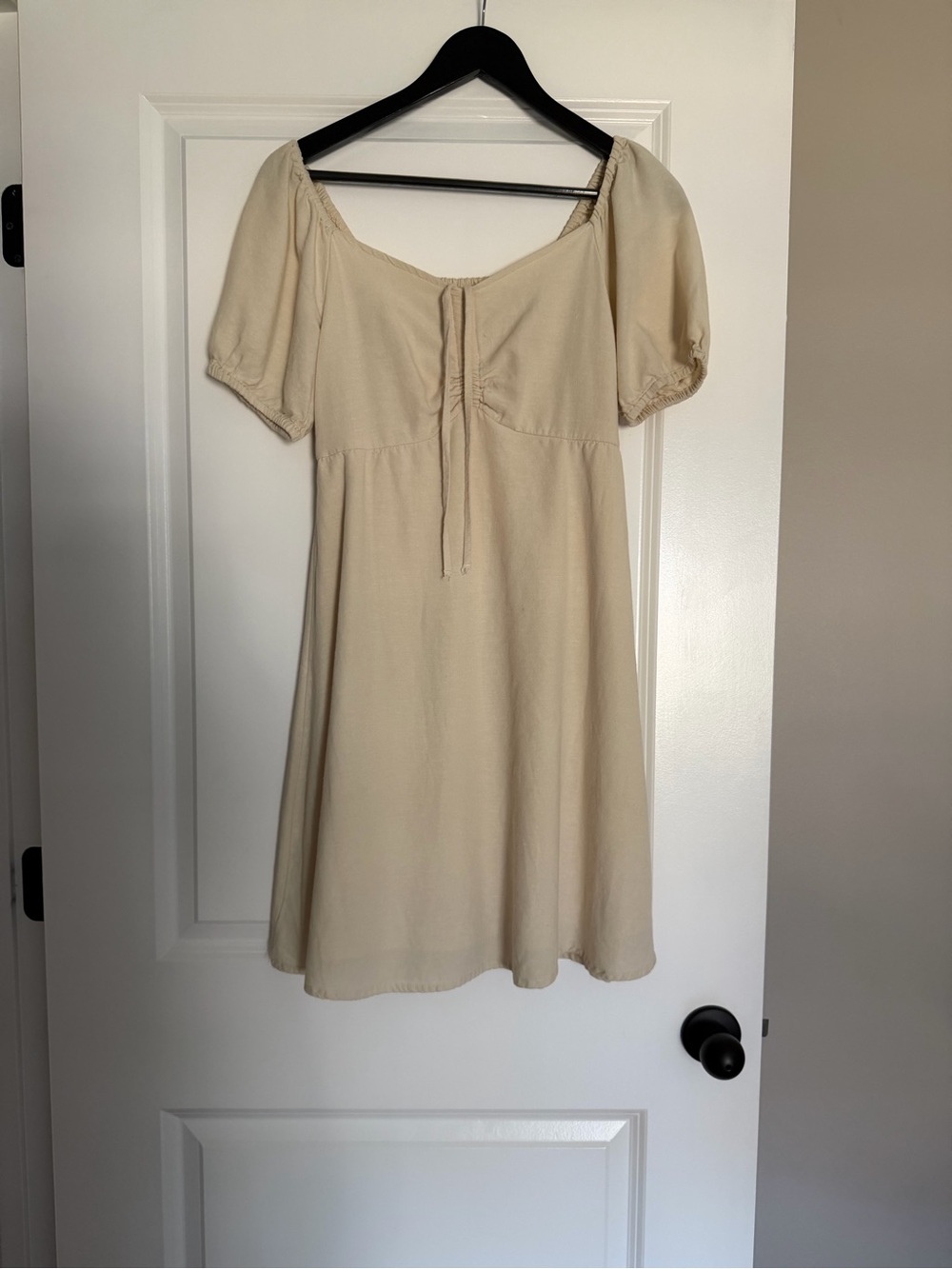 Cream Puff-Sleeve Tie-Front Mini Dress